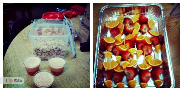 Our healthy treats are strawberry smoothies, valentines chex mix and heart shaped fruit skewers. 